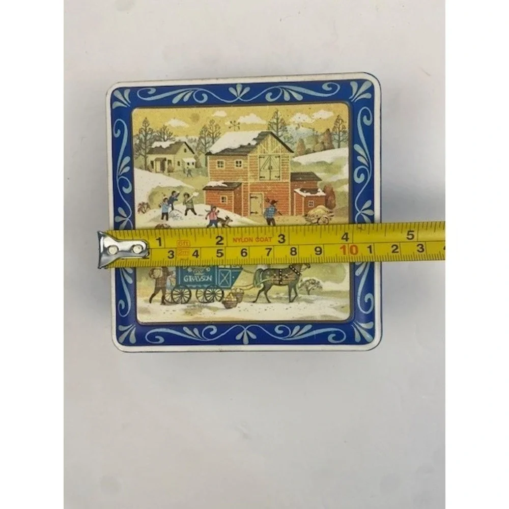 Vintage Crayola Gray Drug Crayon Collection in Daher Winter Farm Scene Metal Tin